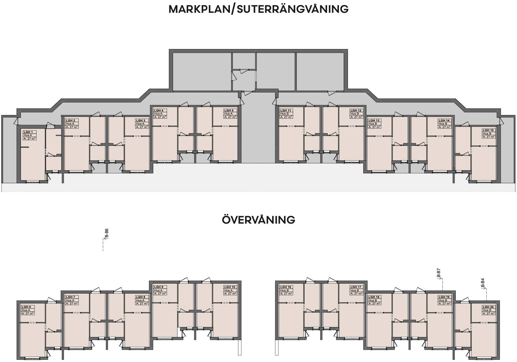 Lägenhetskarta över markplan/suterrängvåning och övervåning i Jinju Tänndalen
