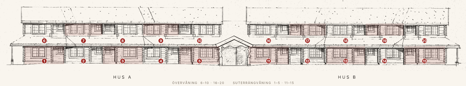 Fasad med Hus A och Hus B, lägenheternas placering sett framifrån